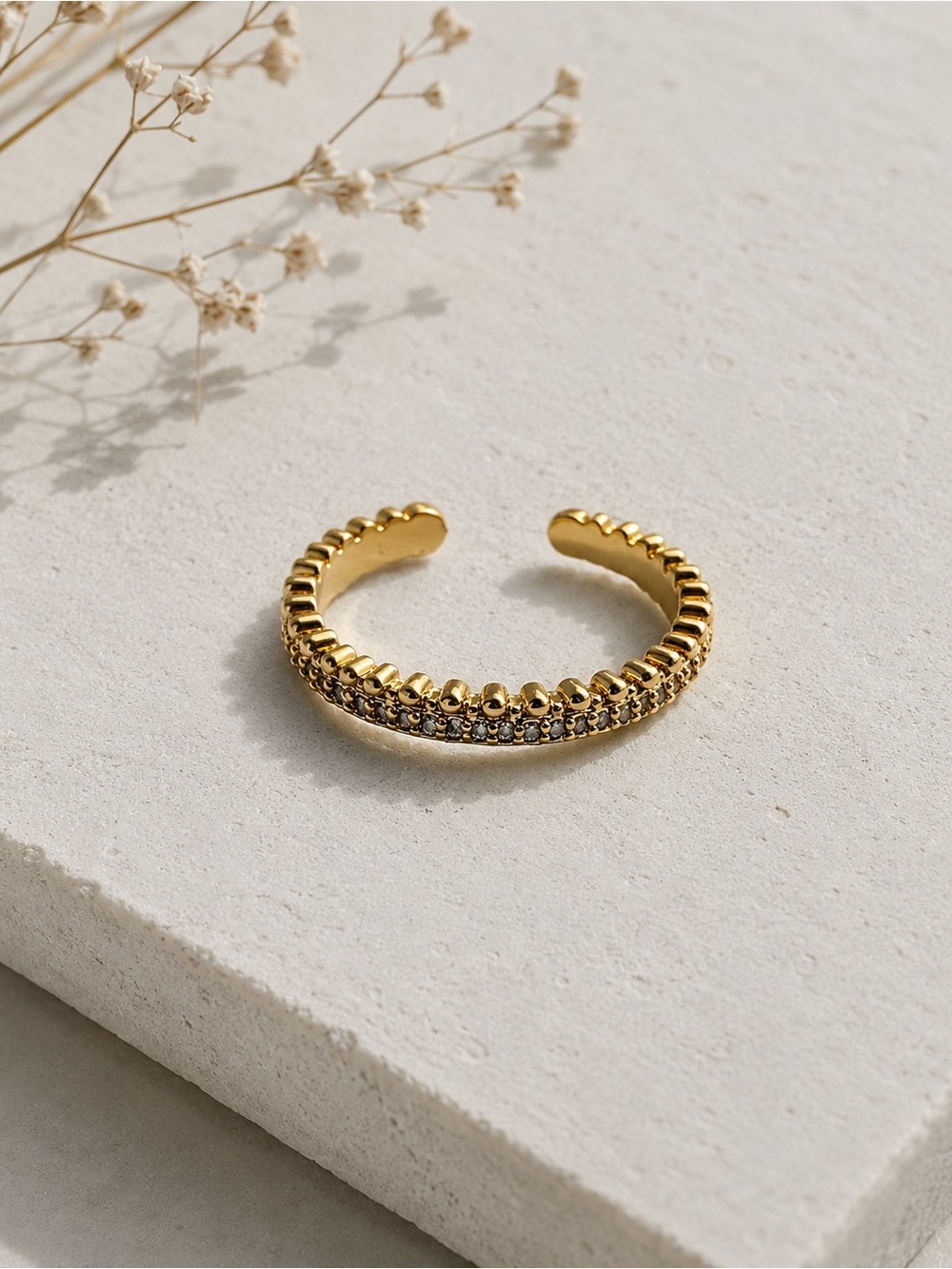 Gold Plated Beaded Pavé Stackable Ring - Adjustable size 6